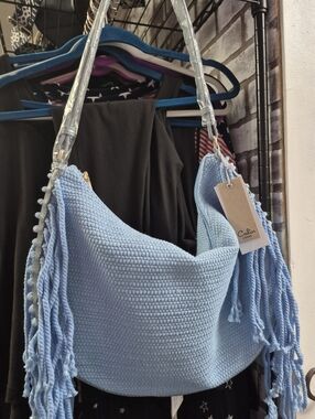 Blue Knit Shoulder Bag with fringe NWT